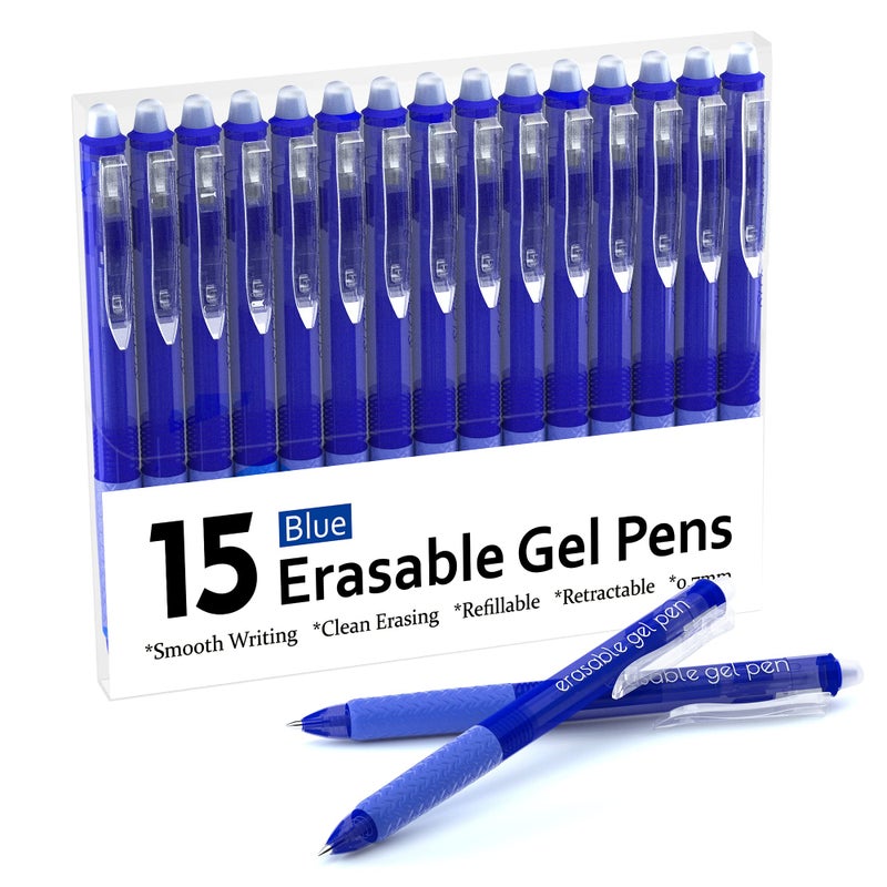 Lineon Erasable Gel Pens, 15 Pack Blue Retractable Erasable Pens Clicker, Fine Point, Make Mistakes Disappear, Blue Ink for Writing Planner and Crossword Puzzles - Image 1