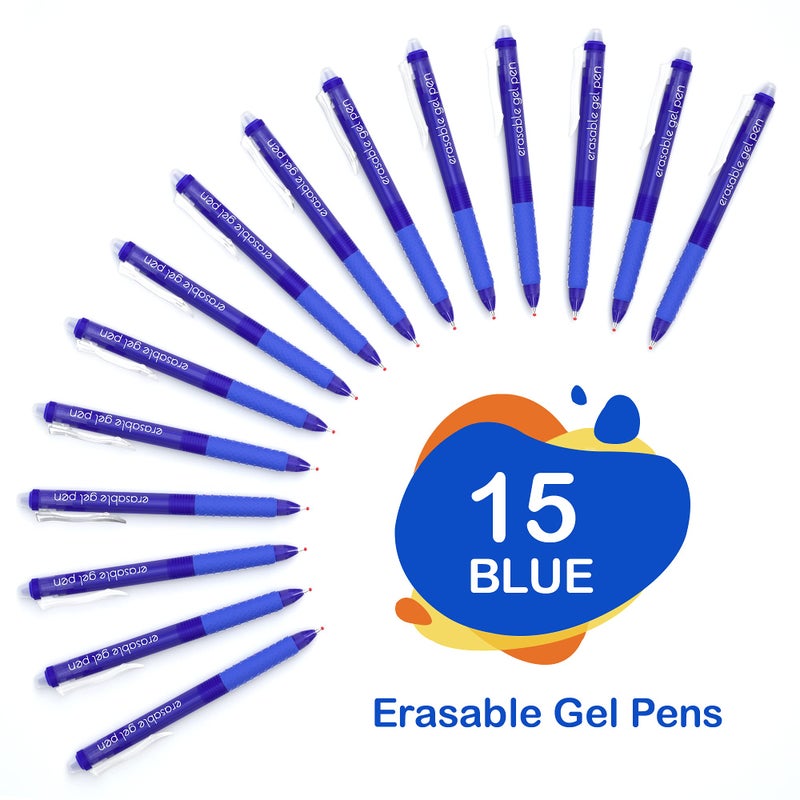 Lineon Erasable Gel Pens, 15 Pack Blue Retractable Erasable Pens Clicker, Fine Point, Make Mistakes Disappear, Blue Ink for Writing Planner and Crossword Puzzles - Image 2