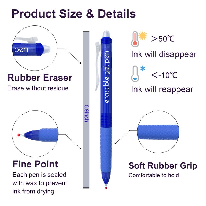 Lineon Erasable Gel Pens, 15 Pack Blue Retractable Erasable Pens Clicker, Fine Point, Make Mistakes Disappear, Blue Ink for Writing Planner and Crossword Puzzles - Image 3