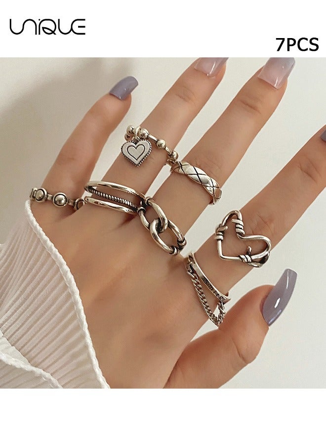 Unique Ring Set - Geometric Chain Heart Ring - Vintage Rings - Women's Girls Jewelry - Silver Ring - Image 1