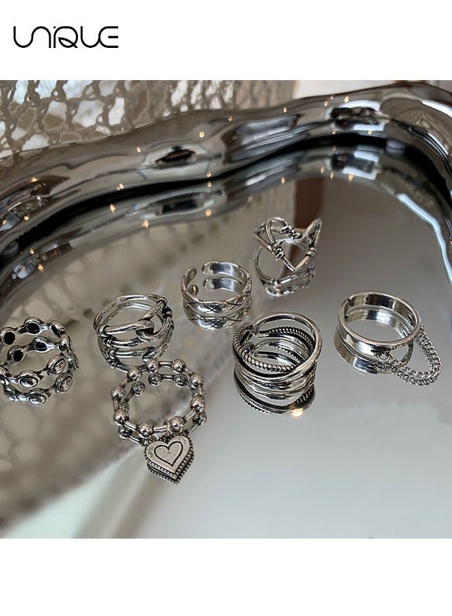 Unique Ring Set - Geometric Chain Heart Ring - Vintage Rings - Women's Girls Jewelry - Silver Ring - Image 2