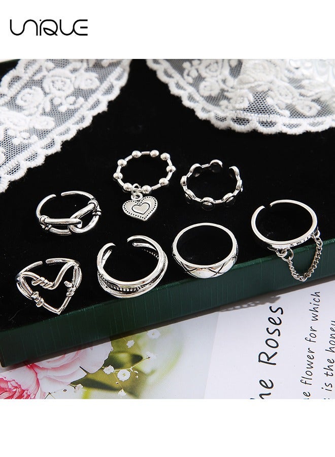Unique Ring Set - Geometric Chain Heart Ring - Vintage Rings - Women's Girls Jewelry - Silver Ring - Image 3