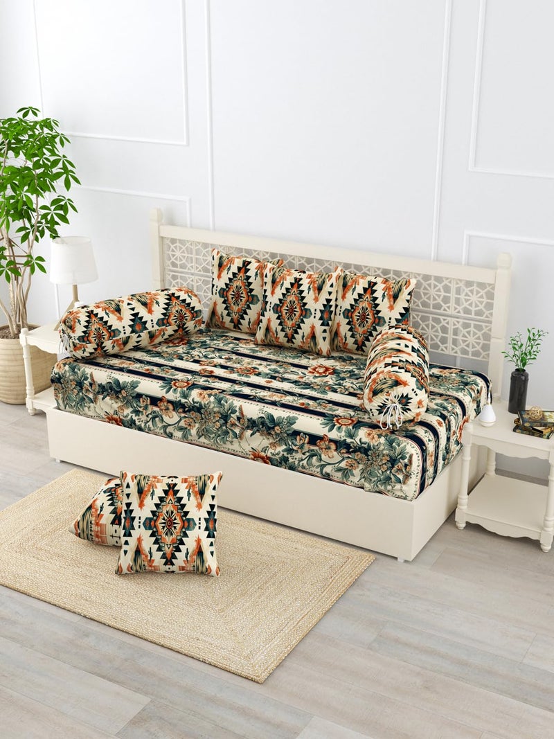 EVER HOME Diwan Set Covers Pure Cotton Digital Printed Standard 8 Pieces Diwan Set Covers (1 Single Bedsheet, 2 Bolster Covers, 5 Cushion Covers) (Black&Beige) - Image 1