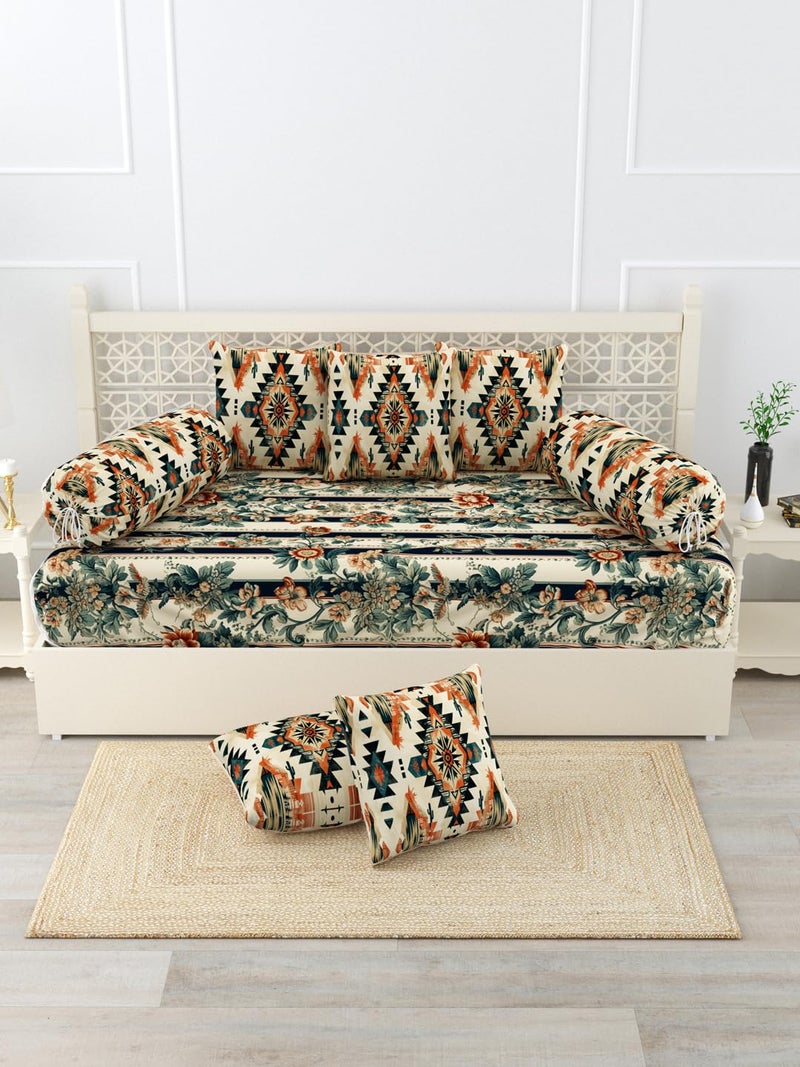 EVER HOME Diwan Set Covers Pure Cotton Digital Printed Standard 8 Pieces Diwan Set Covers (1 Single Bedsheet, 2 Bolster Covers, 5 Cushion Covers) (Black&Beige) - Image 2