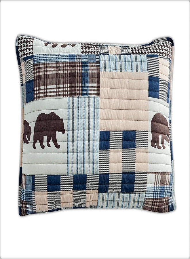 Rugs 4 Less غطاء سرير مخطط مزخرف بأسلوب ريفي حديث مع رقع لدببة غريزلي ونمط مربعات البيسون ونمط هوندستوث باللون البيج والأزرق - الغربي 2 (كامل/ملكة) - Image 3