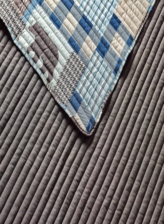 Rugs 4 Less غطاء سرير مخطط مزخرف بأسلوب ريفي حديث مع رقع لدببة غريزلي ونمط مربعات البيسون ونمط هوندستوث باللون البيج والأزرق - الغربي 2 (كامل/ملكة) - Image 4