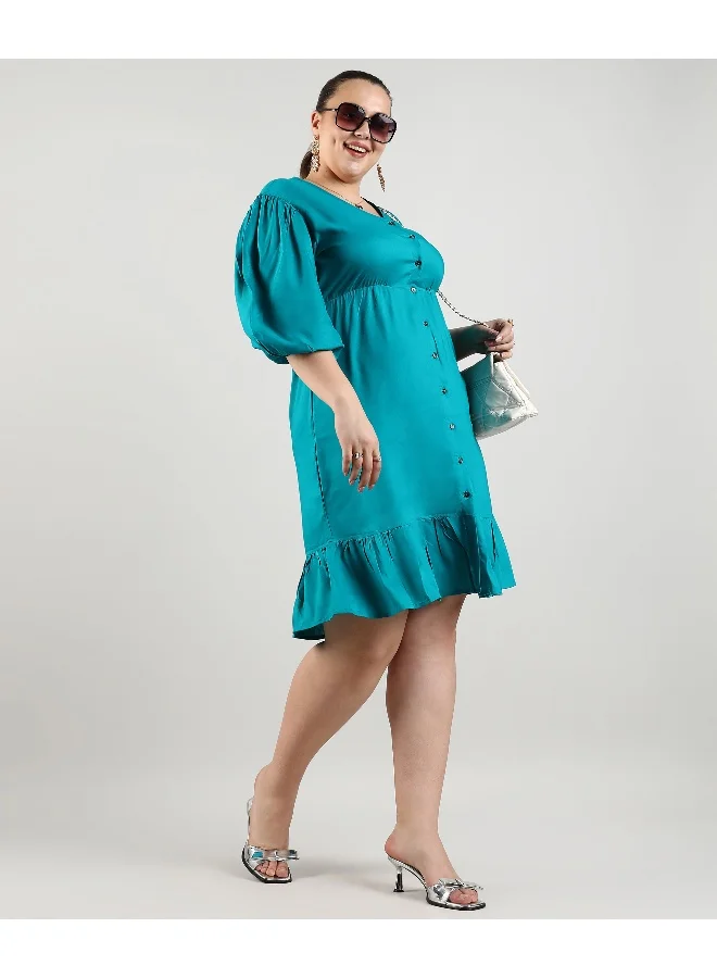 انستافاب بلس فستان نسائي أزرق مخضر مكشكش