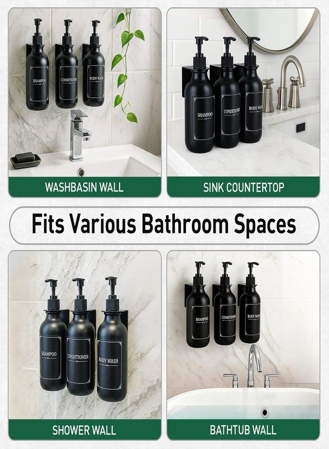 Beati Faucet موزع شامبو وبلسم أسود مطفي، طقم من 3 حجرات - يُثبت على الحائط بدون حفر، زجاجات بمضخة صابون للاستحمام، موزعات غسول للجسم قابلة لإعادة التعبئة مع ملصقات مقاومة للماء - Image 2