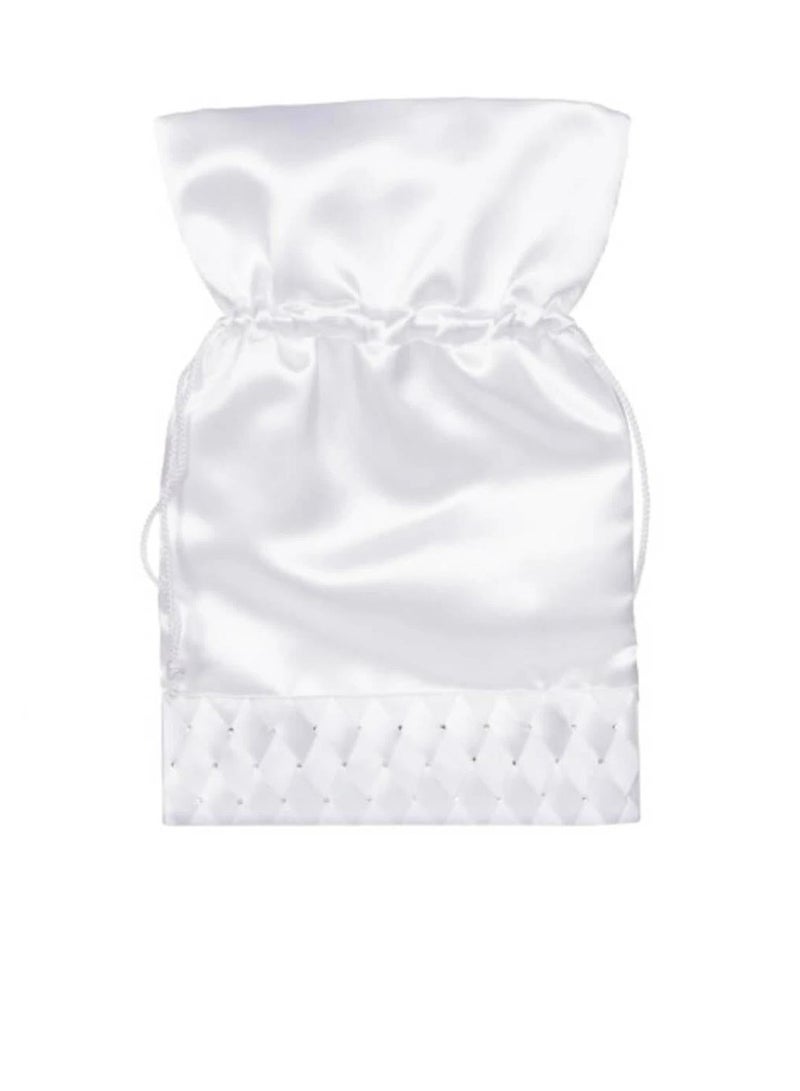 حقيبة برباط زفاف من الساتان باللون الأبيض مع أحجار الراين مقاس 7 × 10 بوصات - Image 1