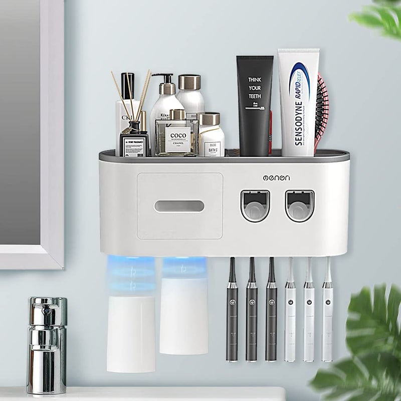 BHeadCat Toothbrush Holders Wall Mounted Toothbrush Holder with Automatic Toothpaste Dispensers 6 Brush Slots 2 Magnetic Cups1 Cosmetic Drawer Organizer and 1 Large Storage Tray