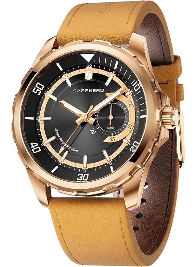 Sapphero Men's Quartz Analog Watch with Date, Subdial, and Leather Strap, Water Resistant to 50m, for Business, Work, Sports, Casual Wear, Elegant Gift for Men - Image 1