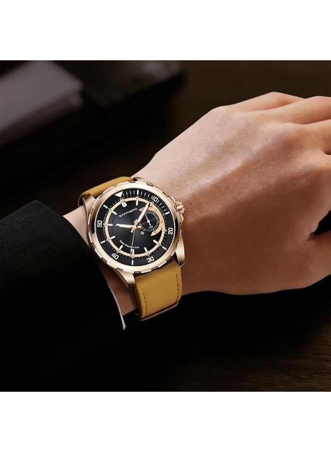 Sapphero Men's Quartz Analog Watch with Date, Subdial, and Leather Strap, Water Resistant to 50m, for Business, Work, Sports, Casual Wear, Elegant Gift for Men - Image 4
