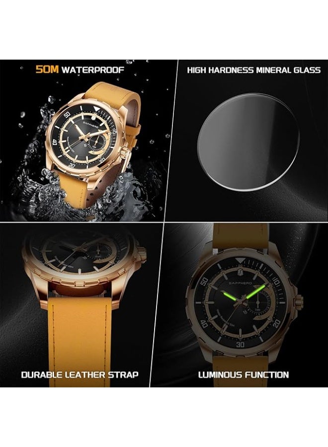 Sapphero Men's Quartz Analog Watch with Date, Subdial, and Leather Strap, Water Resistant to 50m, for Business, Work, Sports, Casual Wear, Elegant Gift for Men - Image 5