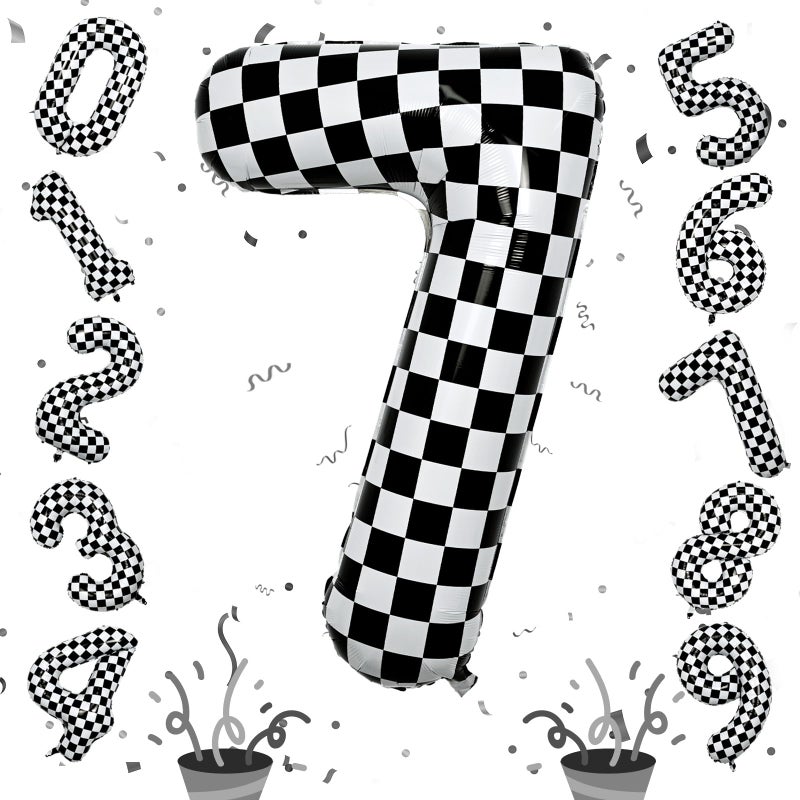 Isndare Number 7 Balloon for Boys, Giant Checkered Self Inflating Number 0-9 Set Decor for Girls, 40 Inch Foil Helium Black and White Racing 7 Balloon for 7th Birthday Race Car Flag Party Decoration Supplies - Image 1