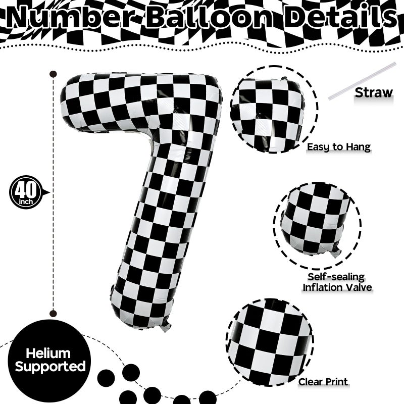 Isndare Number 7 Balloon for Boys, Giant Checkered Self Inflating Number 0-9 Set Decor for Girls, 40 Inch Foil Helium Black and White Racing 7 Balloon for 7th Birthday Race Car Flag Party Decoration Supplies - Image 2