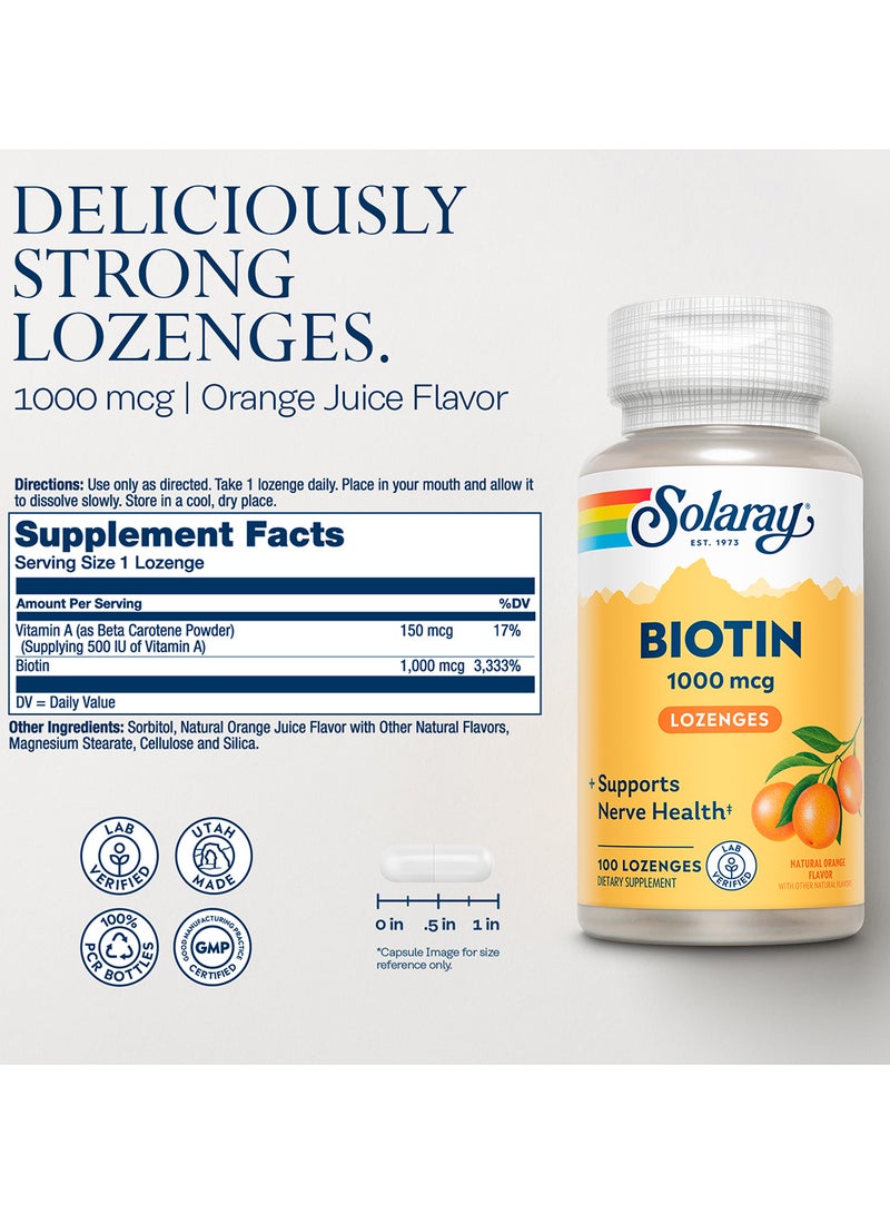 SOLARAY Biotin 1000 mcg 100 Sugar-Free Lozenges Natural Orange Flavor Hair Skin And Nail Support - Image 2