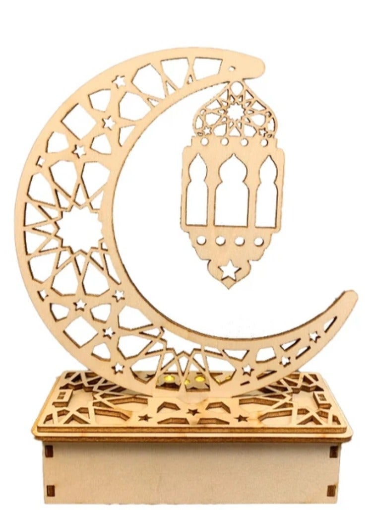 Grneric Wood Moon Fanoos Table Lamp Décor – 19×14 cm | Ramadan & Eid Home Accent - Image 1