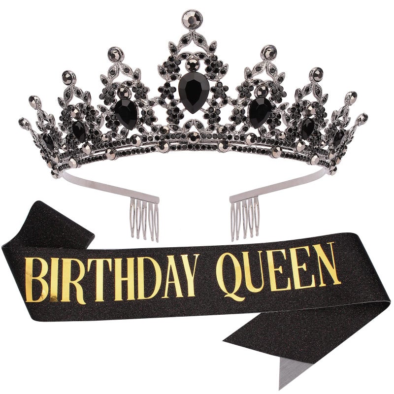 Birthday Queen Sash and Tiara for Women Crystal Tiara and Satin Kit for Girl Rhinestones Crown with Comb Glitter Hair Accessories for Prom Party Decoration Cake Topper Accessory Set with Pin Black