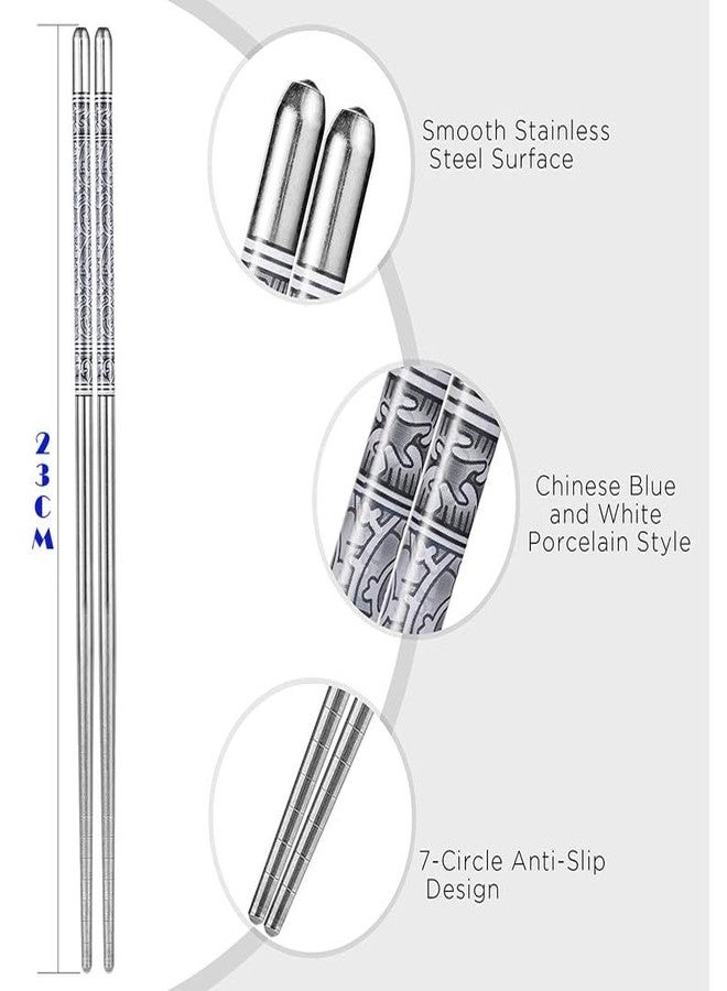 Omdhanu Decorative chopsticks /5 Pairs Stainless Steel ReusMBle Chopsticks Porcelain Pattern for Noodles, Sushi, Fried Rice(5- pair ) - Image 2