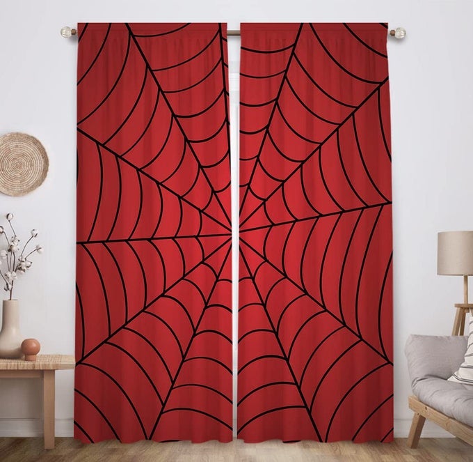 SUPERHERO SPIDER WEB CHILDREN RED WINDOW CURTAINS FOR BOY KIDS BABY ROOM BEDROOM NURSERY TODDLER HOME OFFICE DECOR DECORATIONS DURABLE FABRIC MACHINE WASHABLE 82 IN X 84 IN