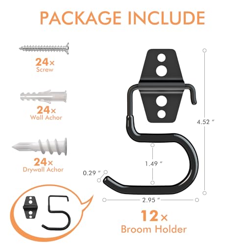 LIGHT DUST Broom Holder Wall Mount - 12 Pack Tool Hangers Garage Wall Hanging Organizer - Heavy Duty Metal Large S Hooks for Mop Shovel Rake Shed Garden Lawn Yard Handle Tools Organization (Black) - Image 2
