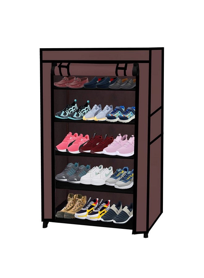 ROBMOB 5 Tier Metal Shoe Rack Collapsible Shoe Organiser with Adjustable Shelves Space Saving Lightweight Racks Foldable Sneaker Footwear Best for Men, Women, Boots, Slippers (Brown Cover) - Image 1
