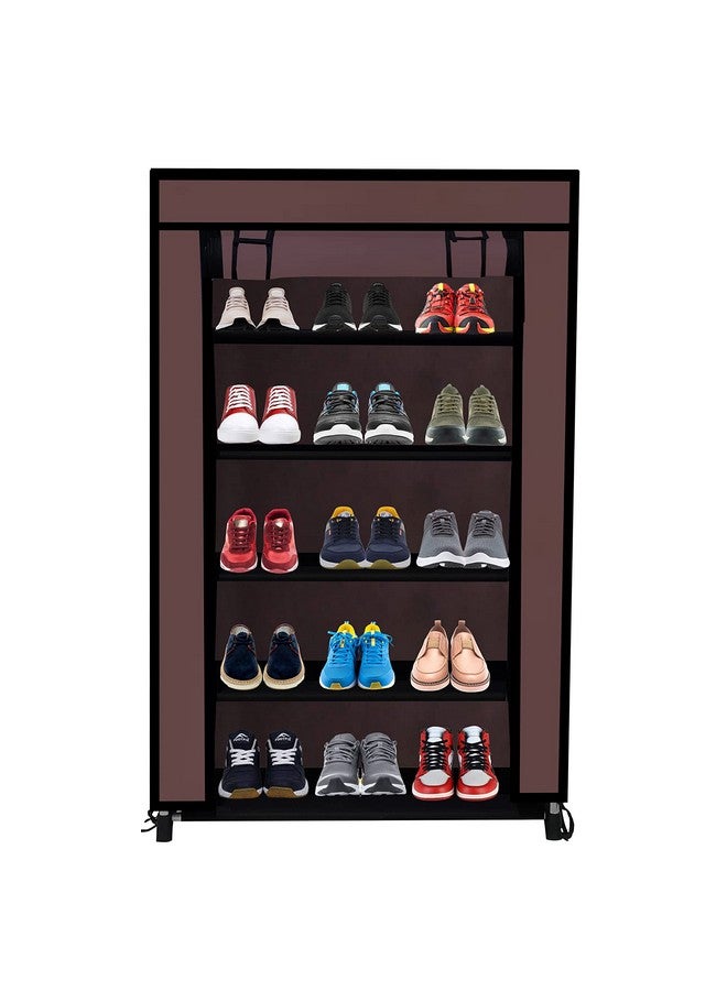 ROBMOB 5 Tier Metal Shoe Rack Collapsible Shoe Organiser with Adjustable Shelves Space Saving Lightweight Racks Foldable Sneaker Footwear Best for Men, Women, Boots, Slippers (Brown Cover) - Image 2