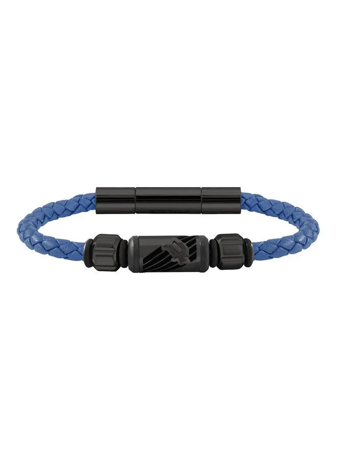 POLICE Black Stainless Steel and Blue Leather Bracelet for Men