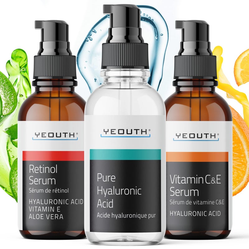 YEOUTH Skin Care Set Retinol Serum for Face Vitamin C and Hyaluronic Acid Serum Face Care Kit that Targets Appearance of Uneven Uneven Skin and Dryness 3x1 oz