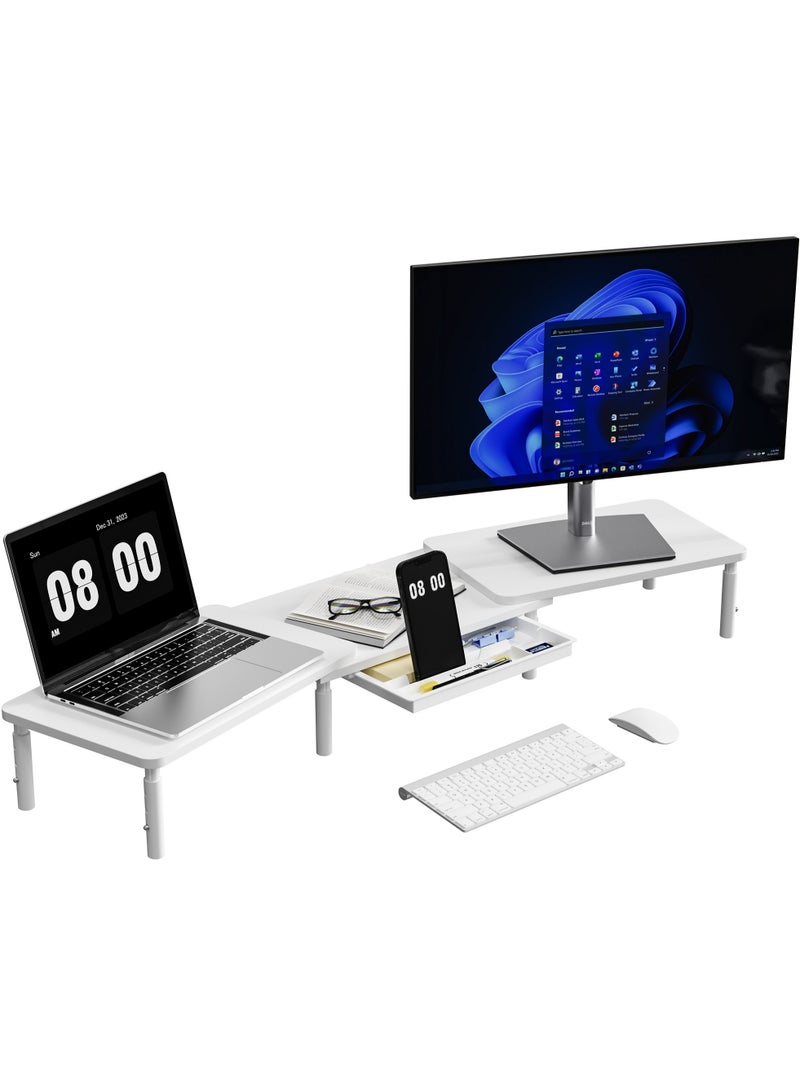 ETHU Dual Monitor Stand, Double Monitor Riser for PC Computer Laptop and Printer, Length and Angle Adjustable Desktop Stand Organizer with Phone Holder and Drawer, Universal Office Accessories, White - Image 1