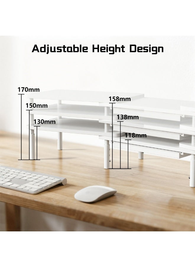 ETHU Dual Monitor Stand, Double Monitor Riser for PC Computer Laptop and Printer, Length and Angle Adjustable Desktop Stand Organizer with Phone Holder and Drawer, Universal Office Accessories, White - Image 3