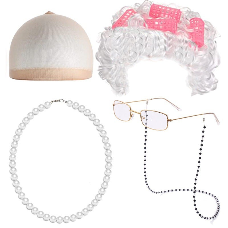 Generic Halloween Granny Wig Cosplay Curly Hair Costume SetFive-piece set of white curly hair (curling iron) Five-piece set of white curly hair (curling iron)