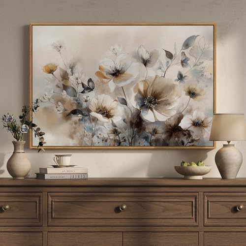 Cuspin Framed Vintage Floral Wall Art Neutral Beige Botanical Flower Canvas Artwork for Modern Farmhouse Walls Rustic Watercolor Wildflower Painting Prints for Living Room Bedroom Kitchen Dining Room 24x36 - Image 1