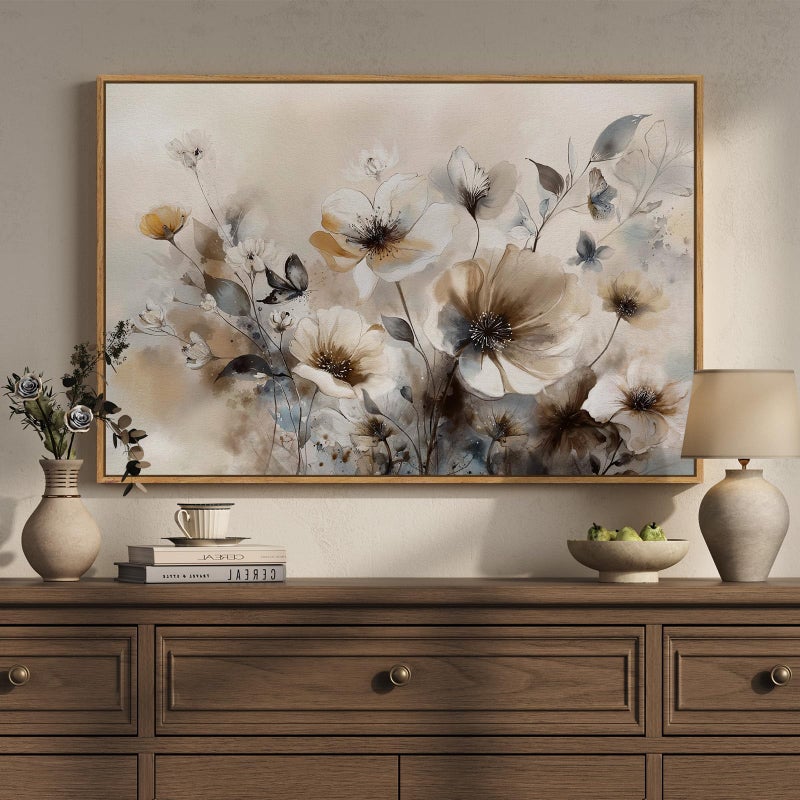 Cuspin Framed Vintage Floral Wall Art Neutral Beige Botanical Flower Canvas Artwork for Modern Farmhouse Walls Rustic Watercolor Wildflower Painting Prints for Living Room Bedroom Kitchen Dining Room 24x36 - Image 2