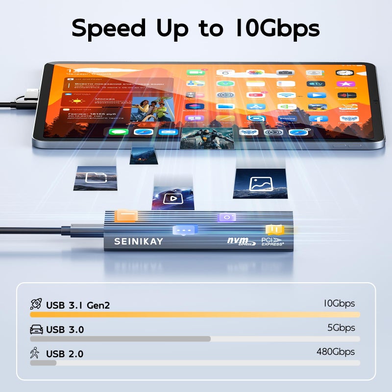 SEINIKAY M.2 NVME Enclosure, Tool-Free USB 3.2 Gen 2 (10 Gbps) to NVME Adapter with Heat Sink, 10Gbps Speed, Plug and Play, 16TB Expansion, with C-C to A Cable - Image 5