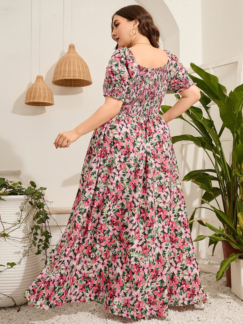 MakeMeChic Women's Plus Size Boho Floral Maxi Dress Curvy Short Sleeve Shirred Squared Neck Flomal Long Dress Multicolored 3XL - Image 2