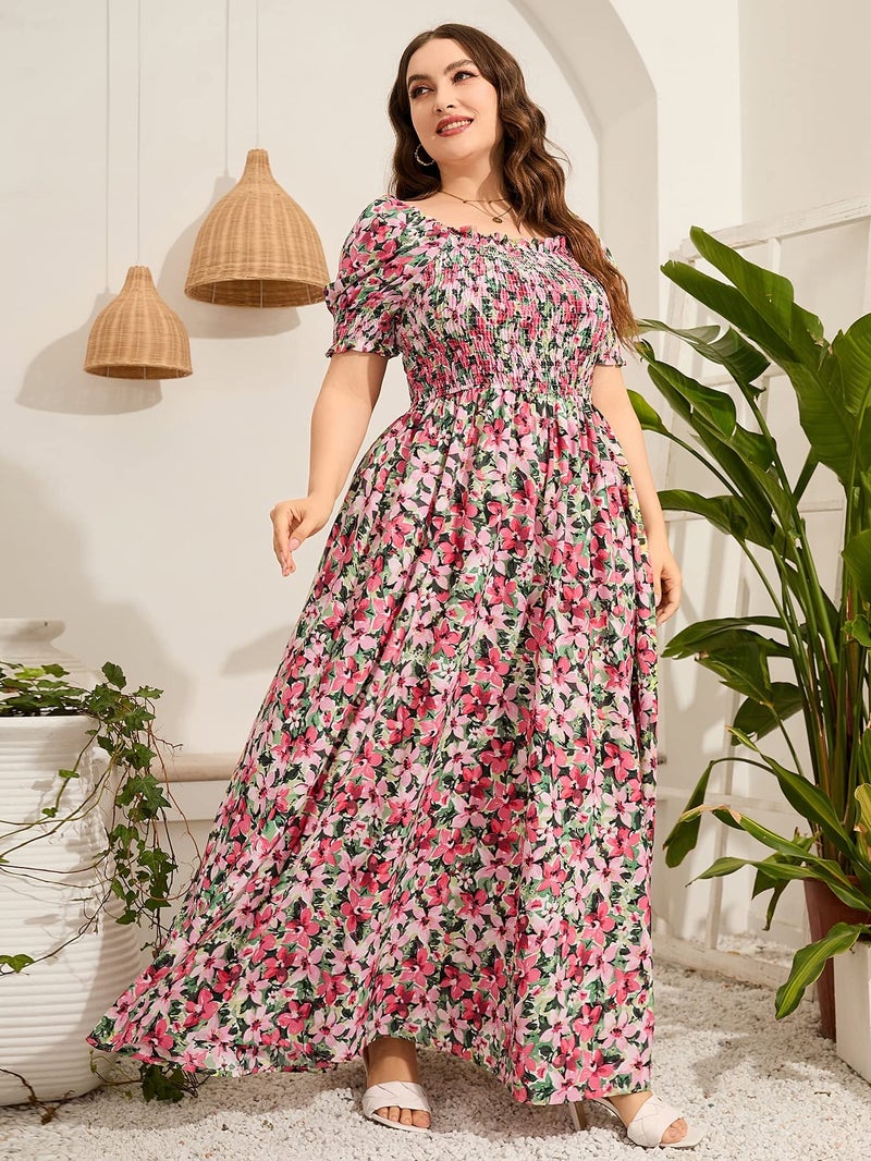 MakeMeChic Women's Plus Size Boho Floral Maxi Dress Curvy Short Sleeve Shirred Squared Neck Flomal Long Dress Multicolored 3XL - Image 3