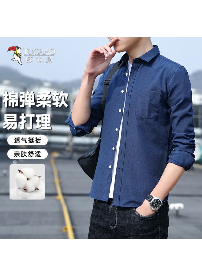 Wood Men's Winter Business Casual Long Sleeve Loose Shirt Jacket Blue 4XL