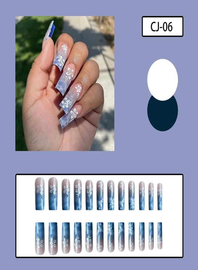 Vezocim Flower Press on Nails Square Shapes, 24Pcs Long Summer Artificial Fake Nails with White Floral Designs, Full Cover Glossy Coffin Acrylic False Nails, Stick on Fingernails for Women(CJ06) - Image 2