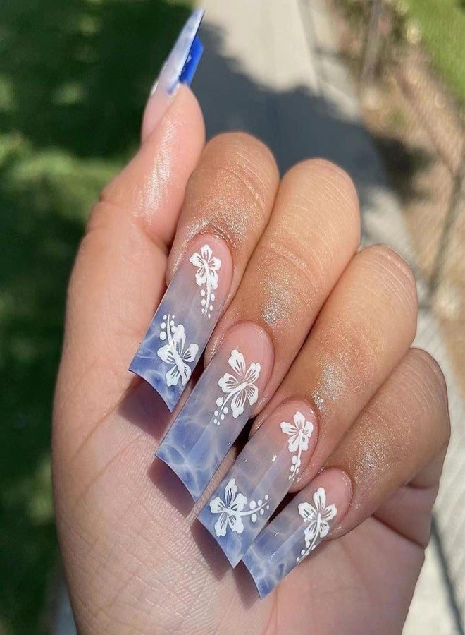 Vezocim Flower Press on Nails Square Shapes, 24Pcs Long Summer Artificial Fake Nails with White Floral Designs, Full Cover Glossy Coffin Acrylic False Nails, Stick on Fingernails for Women(CJ06) - Image 1