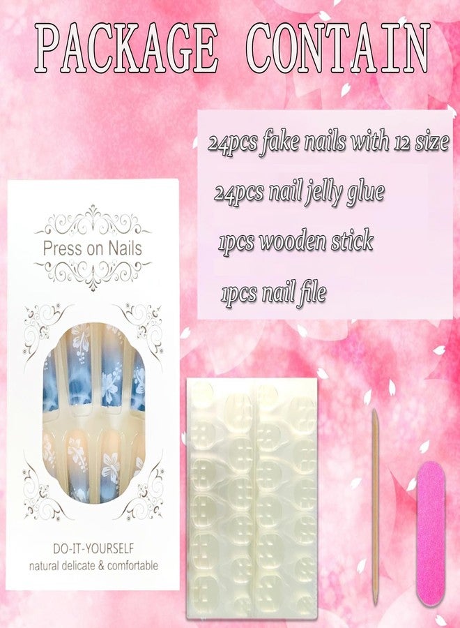 Vezocim Flower Press on Nails Square Shapes, 24Pcs Long Summer Artificial Fake Nails with White Floral Designs, Full Cover Glossy Coffin Acrylic False Nails, Stick on Fingernails for Women(CJ06) - Image 4