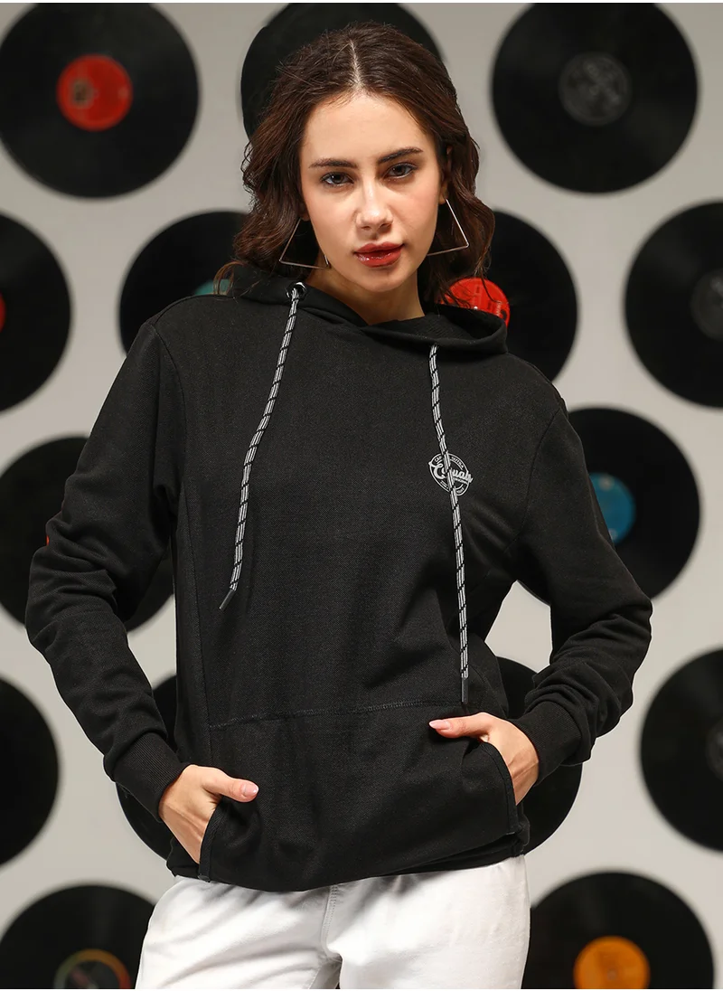 Campus Sutra Women's Onyx Black Relaxed Pullover Hoodie