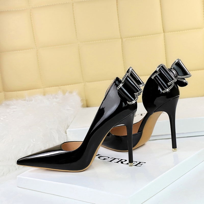 638-H35M Banquet High Heels Stiletto Patent Leather Shallow Mouth Pointed Toe Side Cut Out Rhinestone Bow Shoes - Image 4
