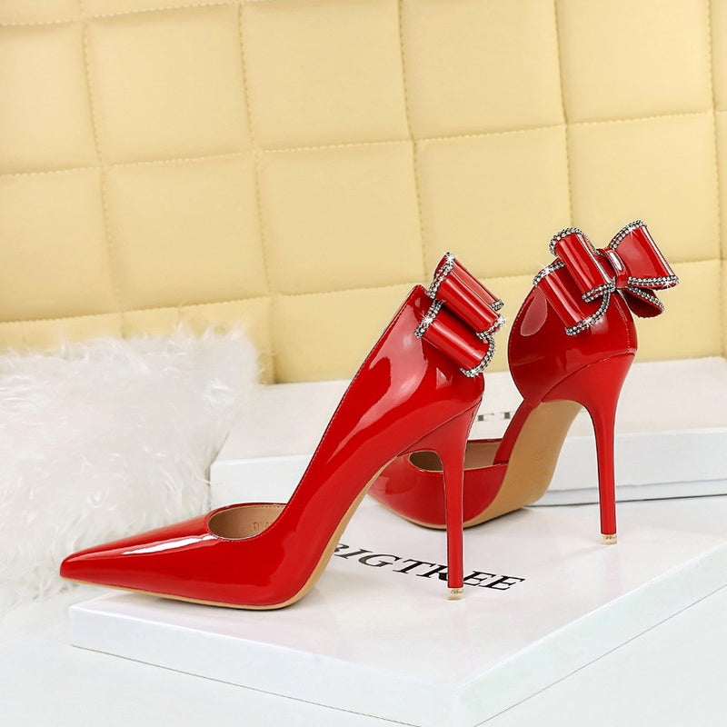 638-H35M Banquet High Heels Stiletto Patent Leather Shallow Mouth Pointed Toe Side Cut Out Rhinestone Bow Shoes - Image 2