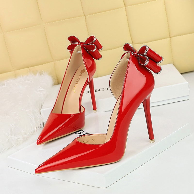 638-H35M Banquet High Heels Stiletto Patent Leather Shallow Mouth Pointed Toe Side Cut Out Rhinestone Bow Shoes - Image 5