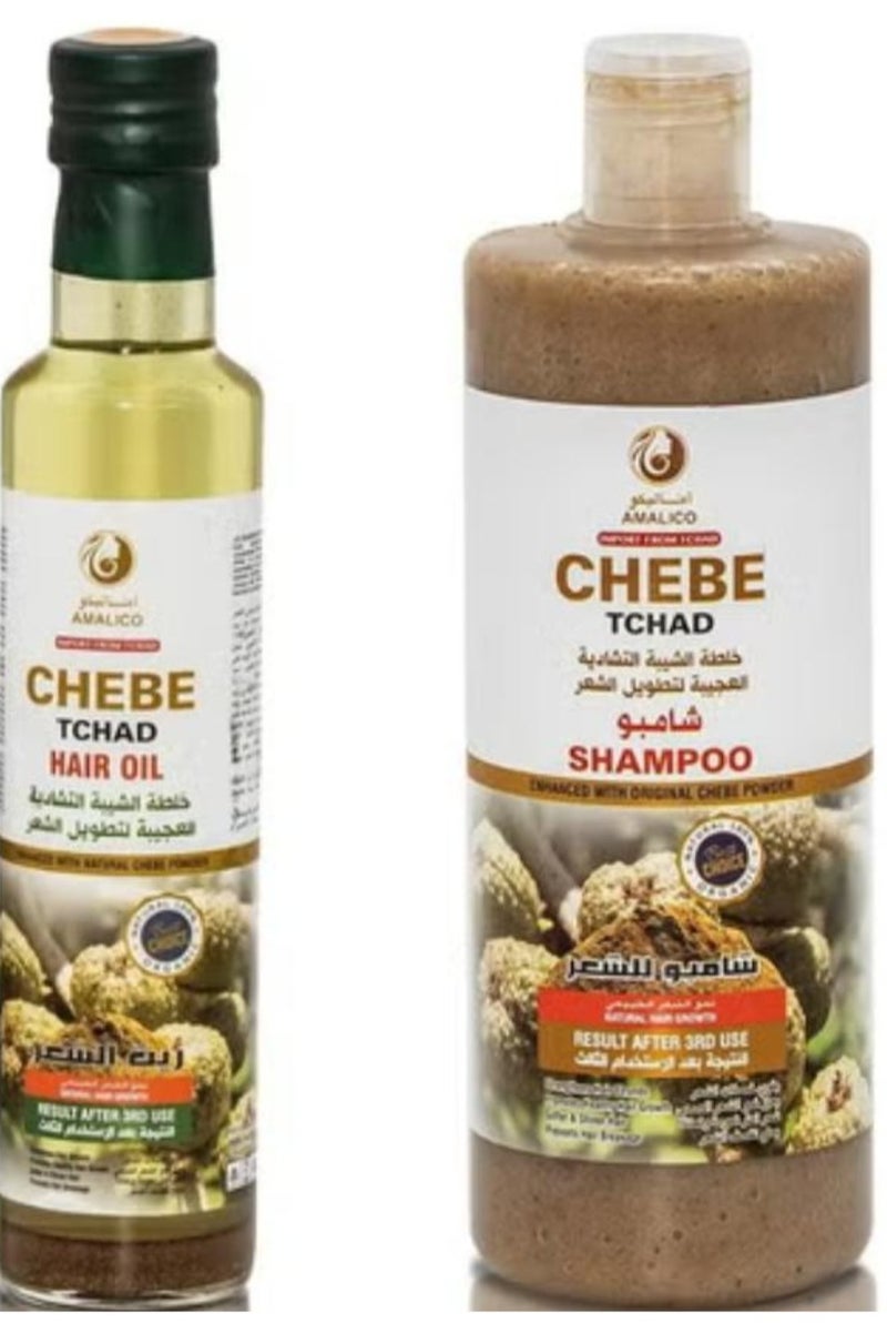 AMALICO Set Of 2 Pcs Oil for Hair Growth 250 ml + Shampoo 500 ml with Chebe Powder for Hair Growth Ready to Use Sweet Almond, Palm, Olive Oil for Deep Scalp Nourishment Sulphate Free