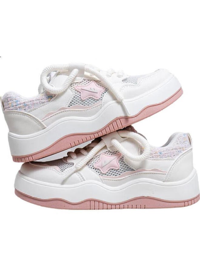 Pull Back Huanli Women's Summer Thick-soled Sneakers Original Casual White Shoes Versatile Sports Shoes Beige/pink Size 35 - Image 3