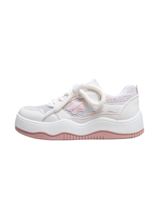 Pull Back Huanli Women's Summer Thick-soled Sneakers Original Casual White Shoes Versatile Sports Shoes Beige/pink Size 35 - Image 2