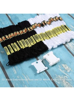 Pllieay 24 Skeins Friendship Bracelets Floss, Black And White Embroidery Cross Stitch Threads Cotton, Embroidery Floss With 12 Pieces Floss Bobbins For Halloween Knitting, Cross Stitch Project  - Image 2