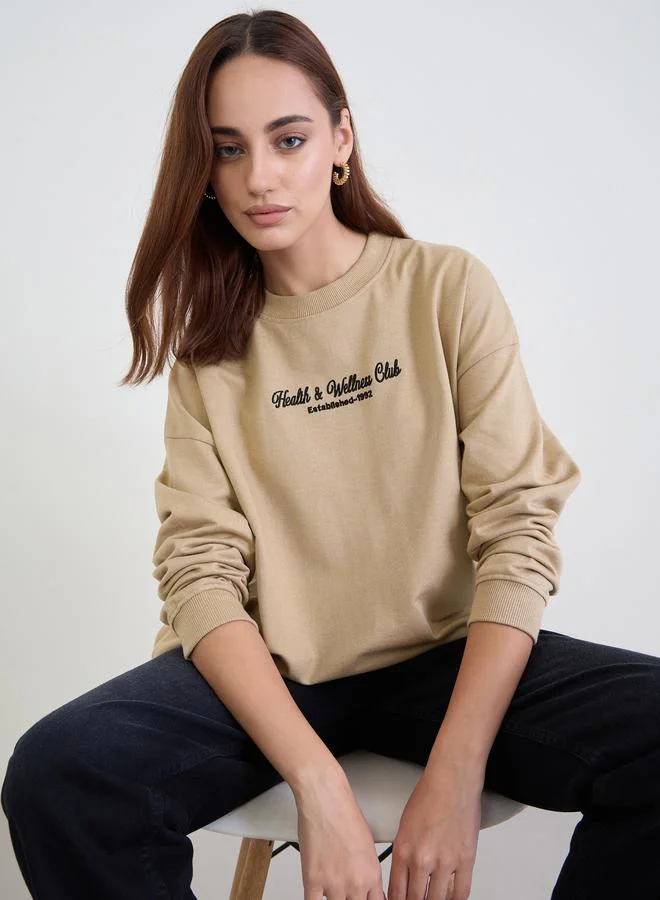 Tan Oversized Embroidered Sweatshirt